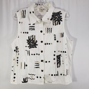 Focus USA White Cotton Blend Sleeveless Mixed Print Button Up Shirt Size Large